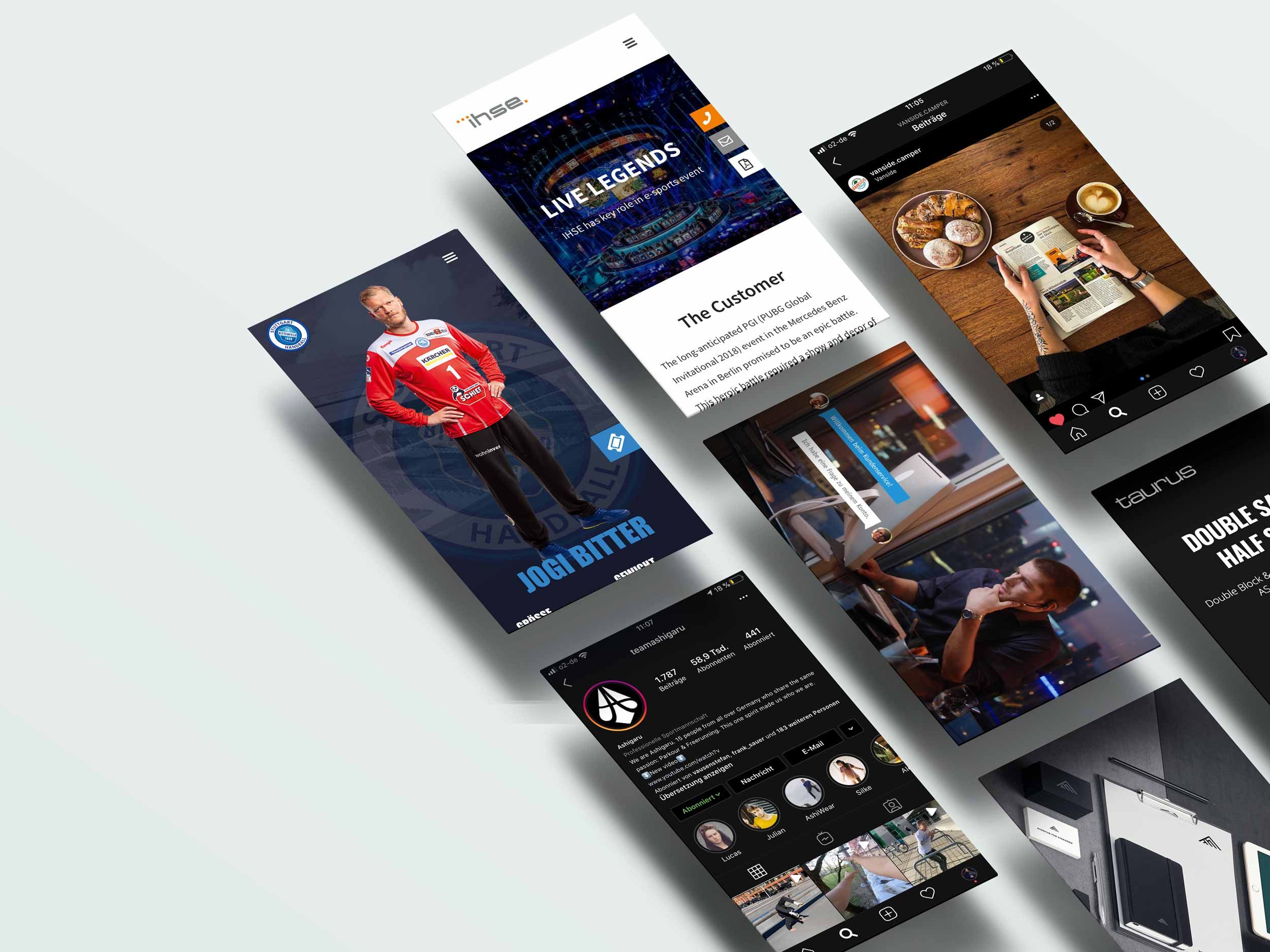 Smartphone-Mockups von Websites und Social-Media-Auftritten, die Fuchs & Jäger für Kunden umgesetzt hat